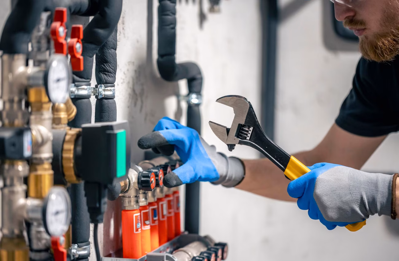 man-installs-heating-system-house-checks-pipes-with-wrench_169016-52877